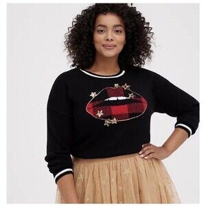 New Torrid Women’s Black Long Sleeve Lips Hoodie Sweater, Size 0/L